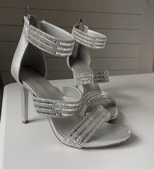 Maripe Women's Aurelia Strapped Rhinestone Sandal Silver Stiletto Ankle Strap 10